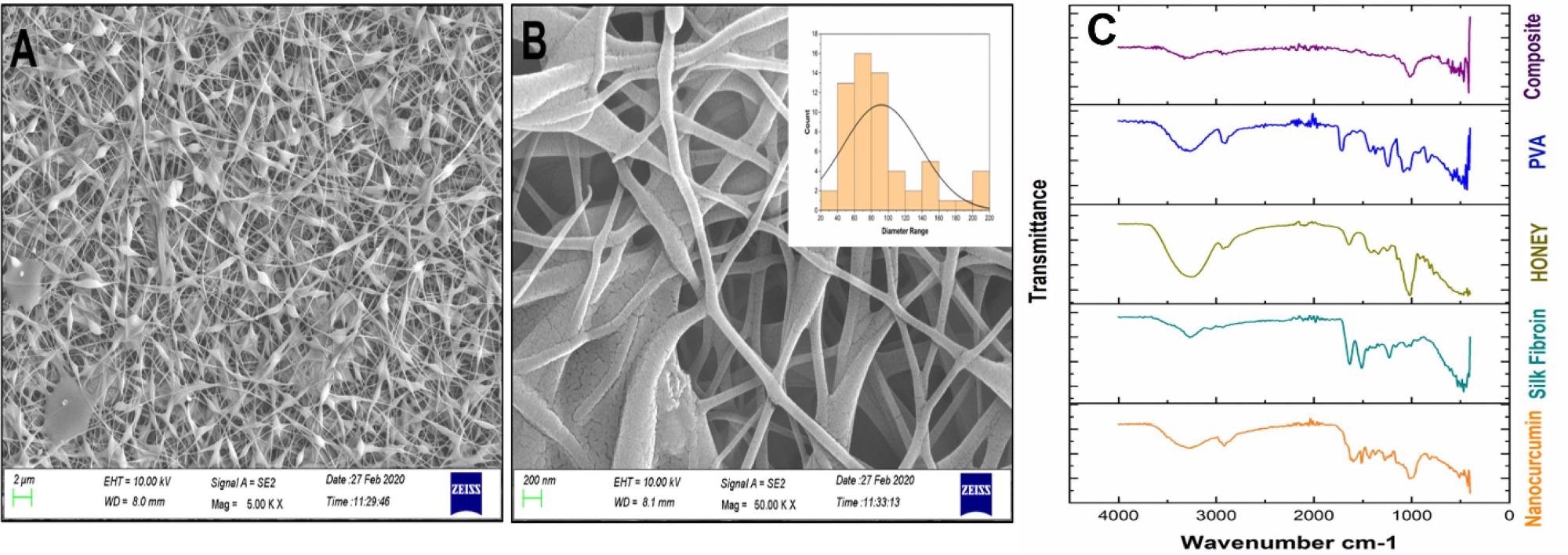 (A) Field emission scanning electron microscopy (FE-SEM) images of Silk fibroin composite nanofibers (SF-honey-nanocurcumin-PVA) (A) 2 µm scale bar (B) 200 nm scale bar and the average size of NFs (91.797 ± 43.51 nm) was calculated by using Image J software (C) FTIR spectra of nanocurcumin, silk fibroin, honey, PVA (powder form) and composite of silk fibroin-nanocurcumin-honey-PVA.
