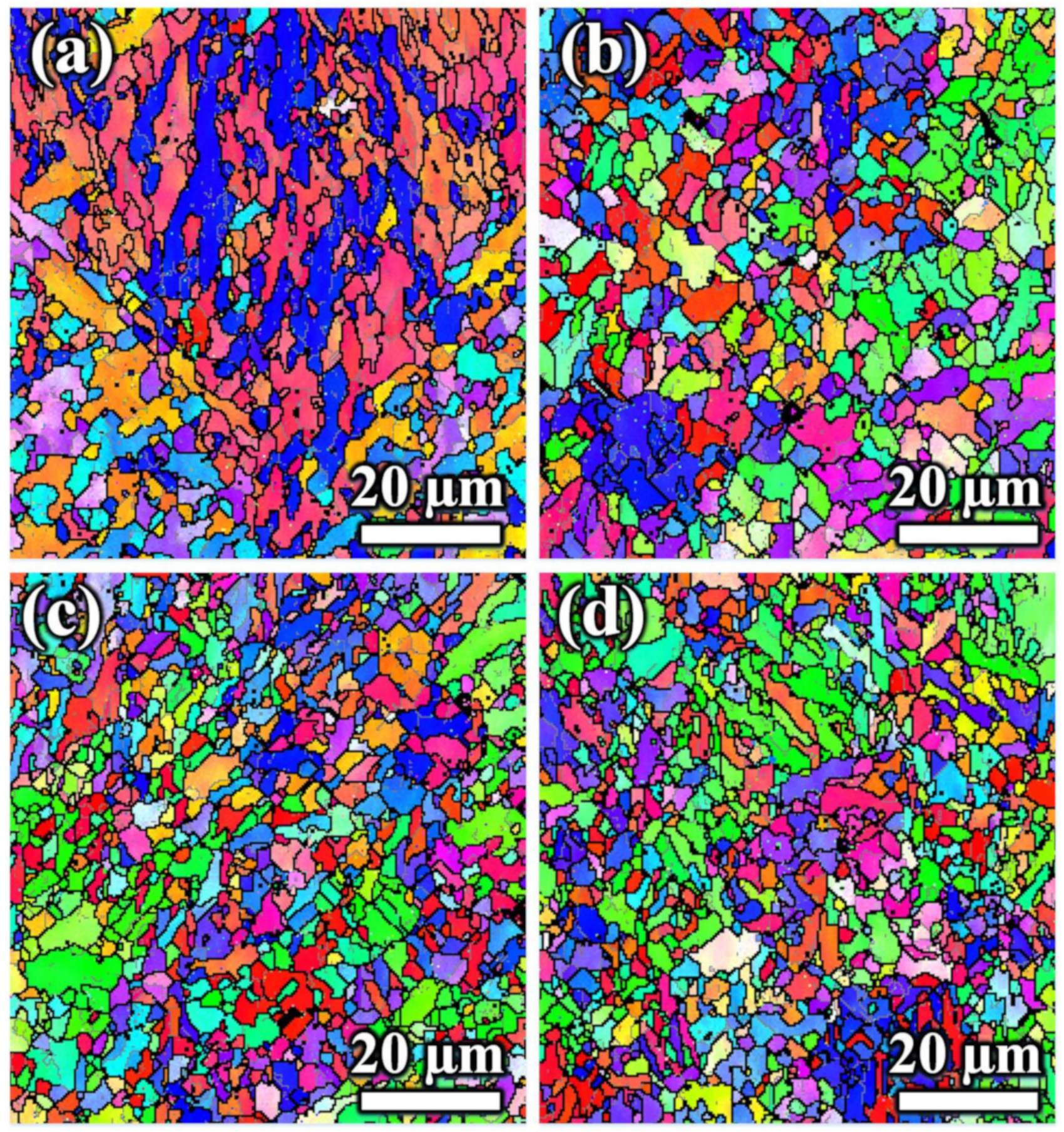 EBSD images of H13 steels without and with different types and contents of nanoparticles: (a) H13, (b) 0.02 wt.% TiC, (c) 0.01 wt.% TiC + TiB2 and (d) 0.02 wt.% TiC + TiB2.