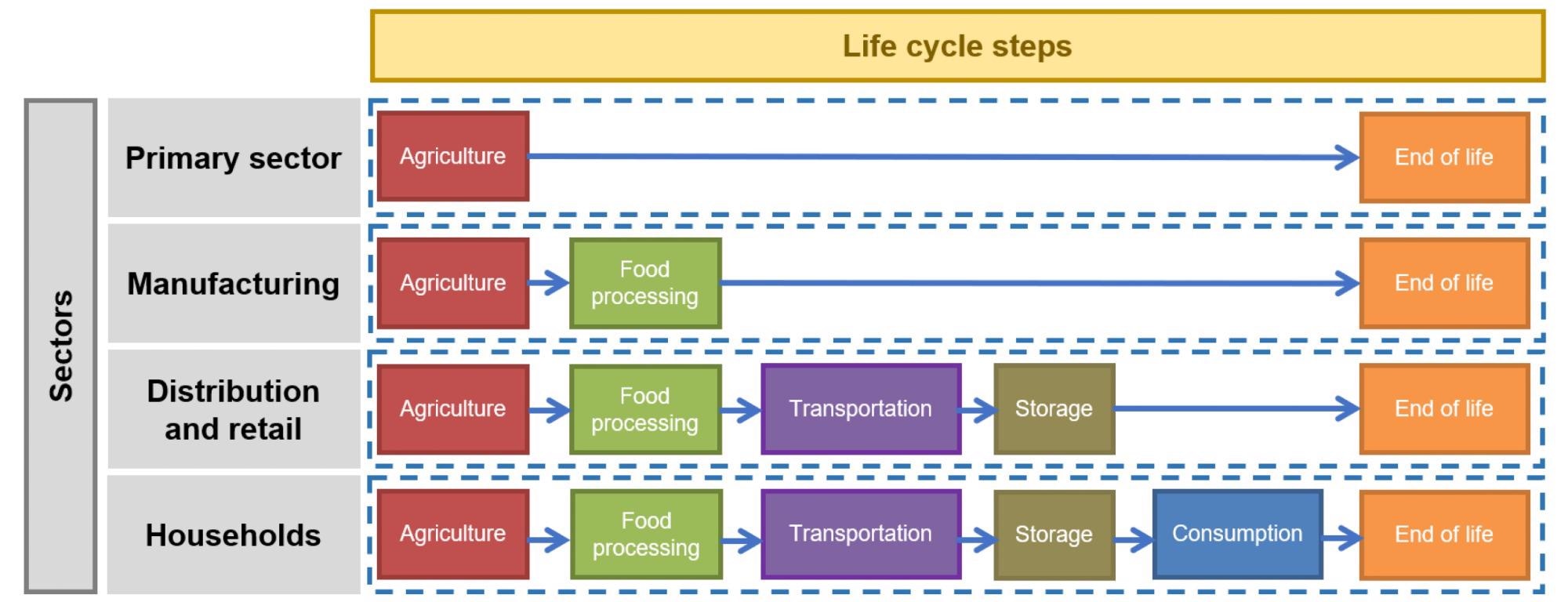 Food loss and waste in each stage of food supply chain.