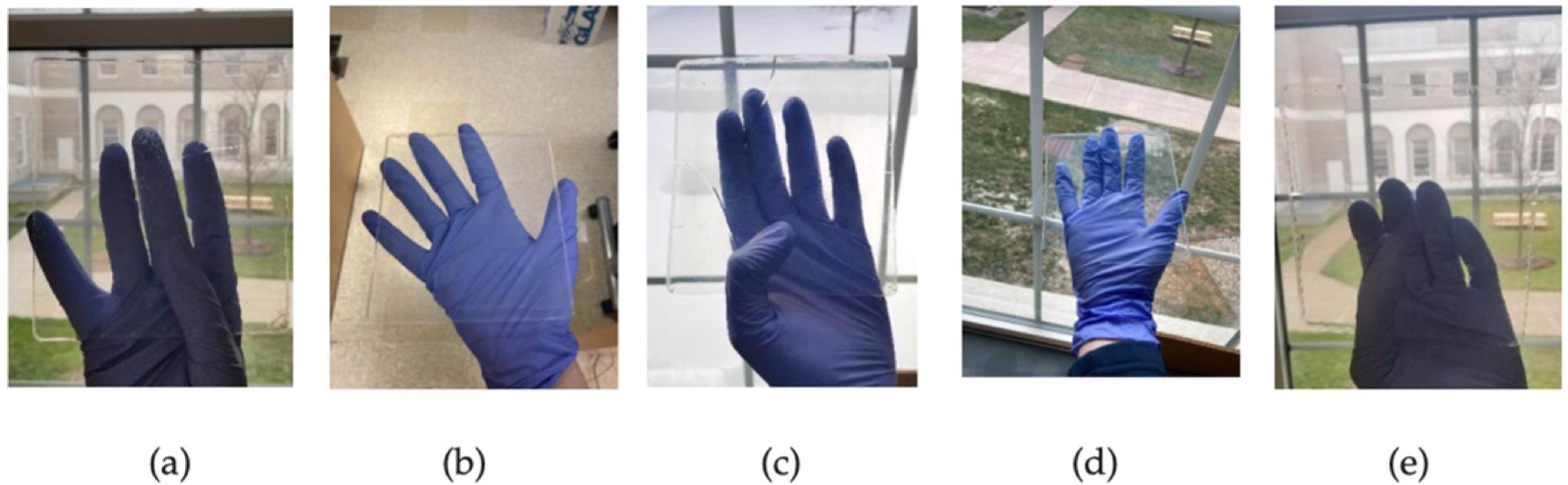 Images of 13 × 12.5 × 0.5 cm silica aerogel monoliths fabricated from: (a) Recipe A-1; (b) Recipe A-2; (c) Recipe B-1; (d) Recipe B-2; (e) Recipe B-3.