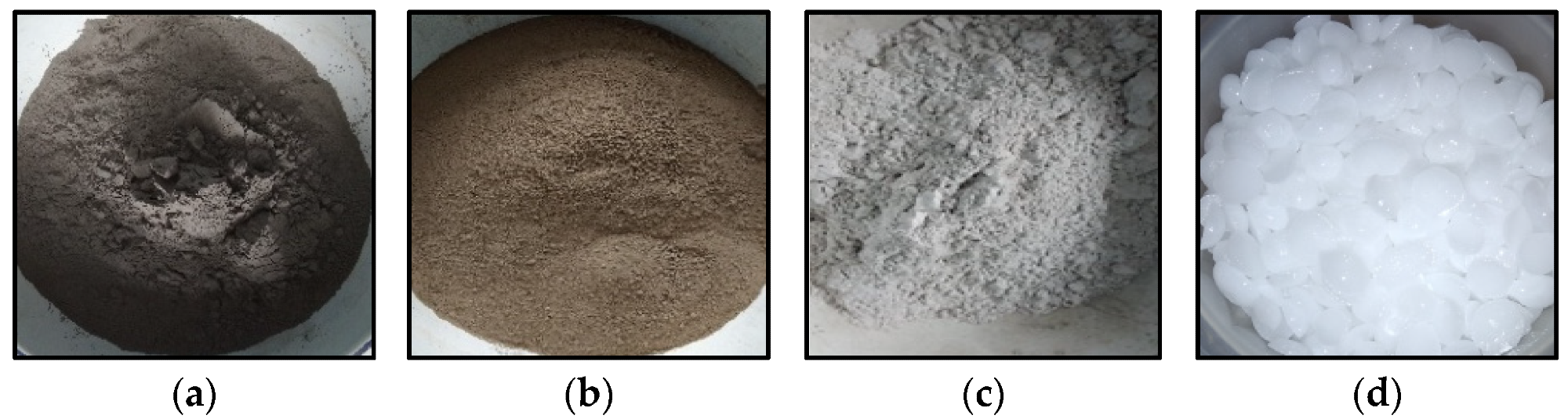 Compressed Block Materials. (a) Fly Ash class F. (b) Sediment 0/5 mm. (c) Ground Blast Furnace Slag. (d) Sodium Hydroxide pellet.