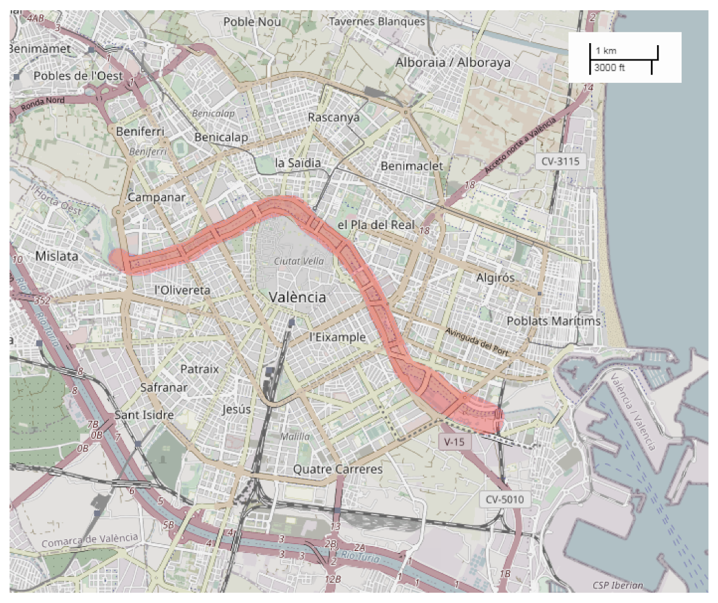 Old riverbed of Valencia (highlighted in red).