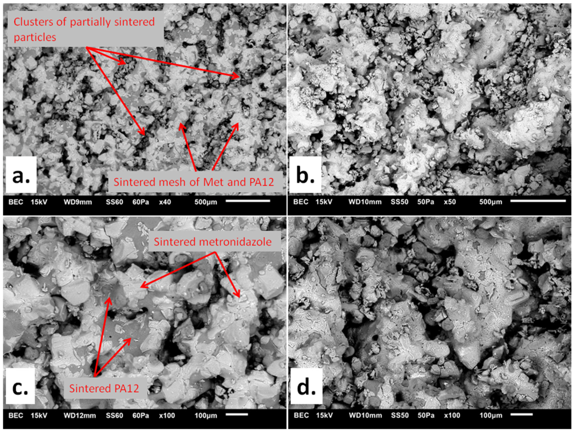 SEM images of (a) Formulation A (80/20/0/100) at 40× magnification; (b) Formulation D (90/10/0/75) at 50× magnification; (c) Formulation A (80/20/0/100) at 100× magnification; (d) Formulation D (90/10/0/75) at 100× magnification. The markings are commented on in the text.