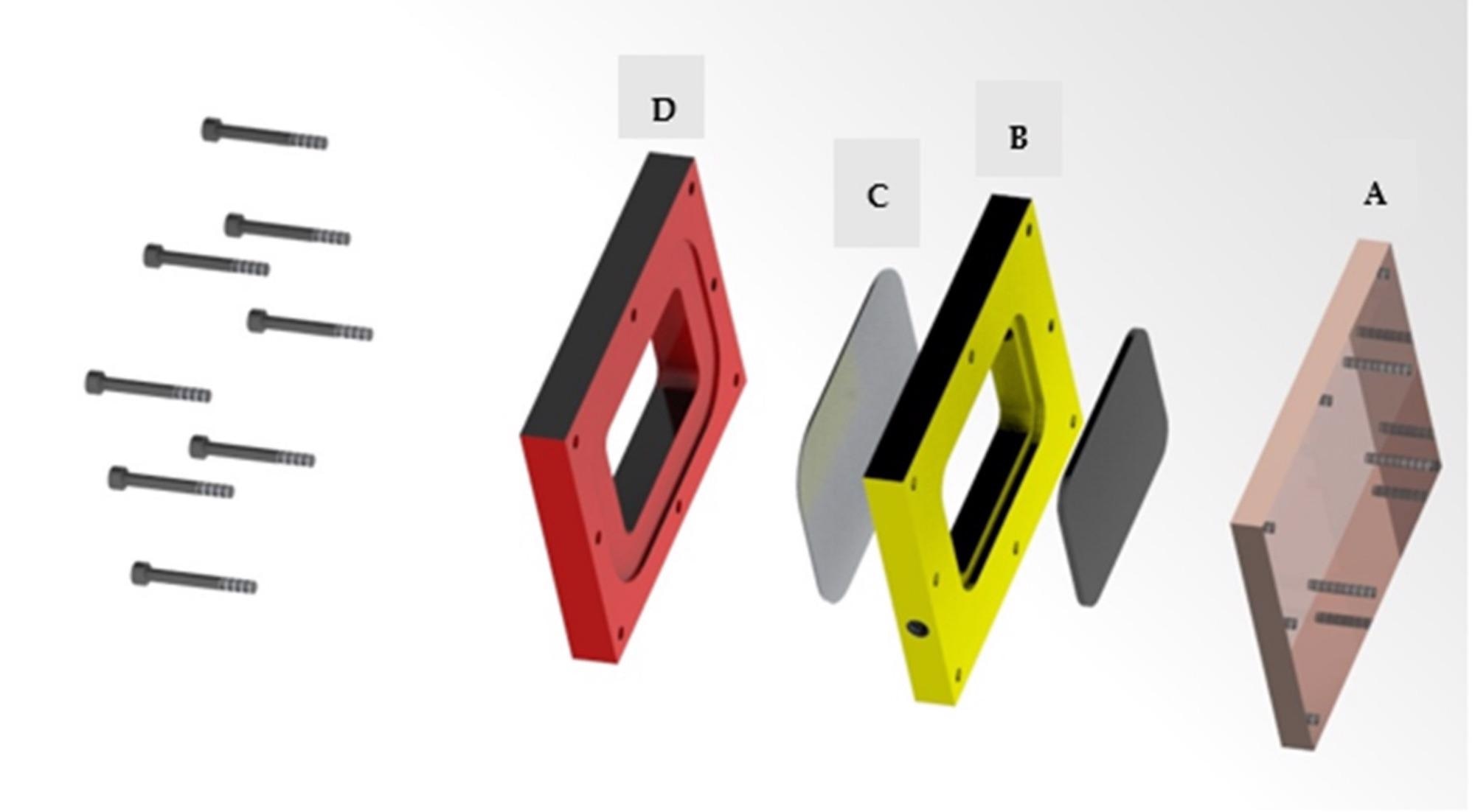 Schematic configuration of a Microbial Fuel Cell (A: End Plate; B: Anode Chamber; C: Membrane; D: Cathode Chamber).