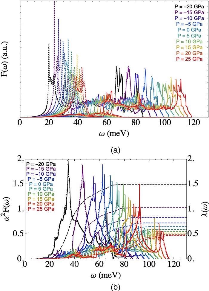 Electron–phonon properties of MgB2 derived using QE. (a) Phonon density of states F(?). Dashed lines show contributions from Mg and solid lines from B atoms. (b) Solid lines show Éliashberg spectral function a2F(????????) at different pressures, ranging from -20 to 25?GPa in steps of 5?GPa. Dashed lines correspond to the cumulative mass enhancement parameter ?(?) that once becoming a straight flat line as the spectral function dies out reveals the total electron–phonon coupling value ?.