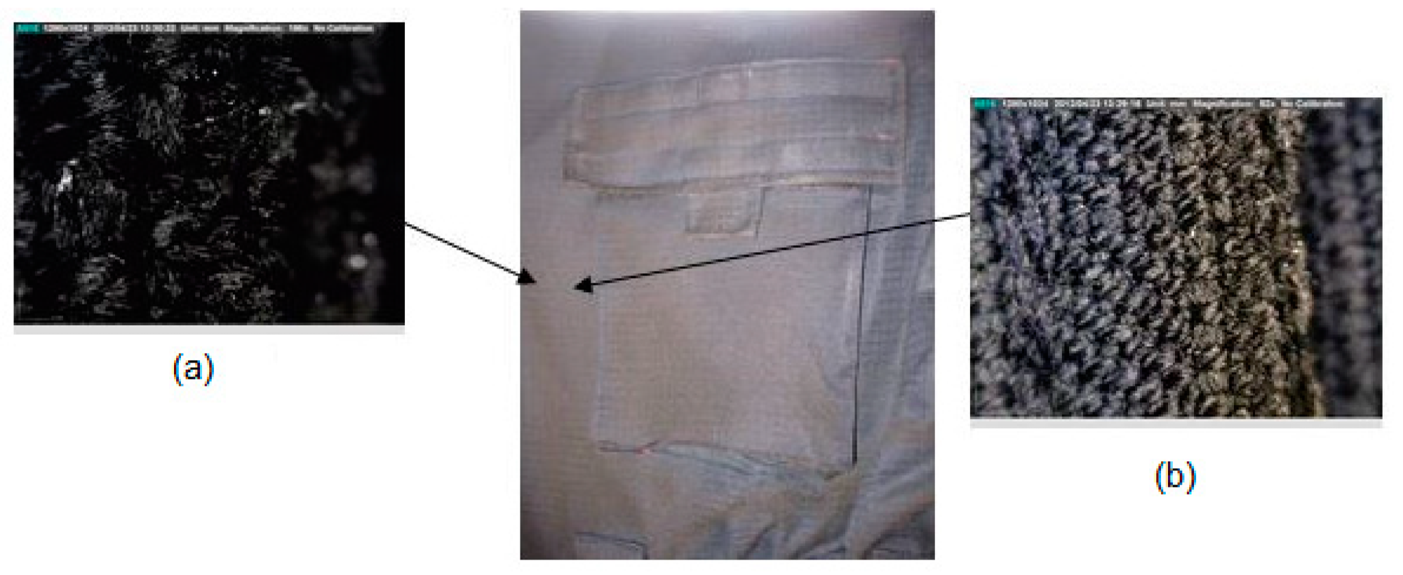 Damage in the area of the upper pocket of the overalls made with a Dino-Lite microscope in two different magnification: (a) 184×; (b) 60×.