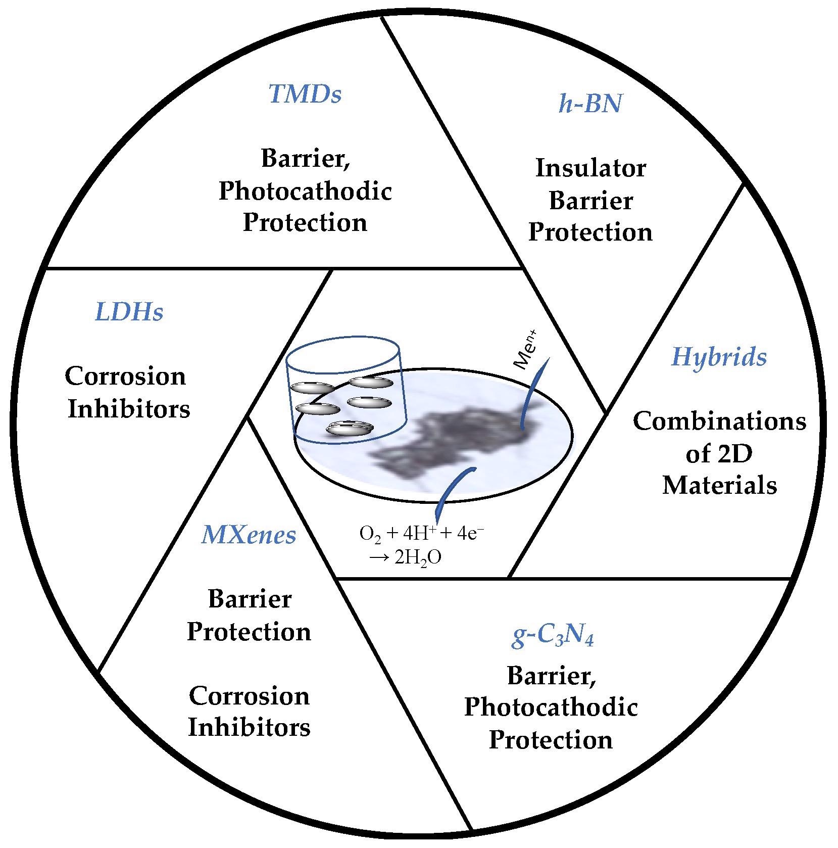 Schematic of the 2D materials and their primary roles in corrosion protection.