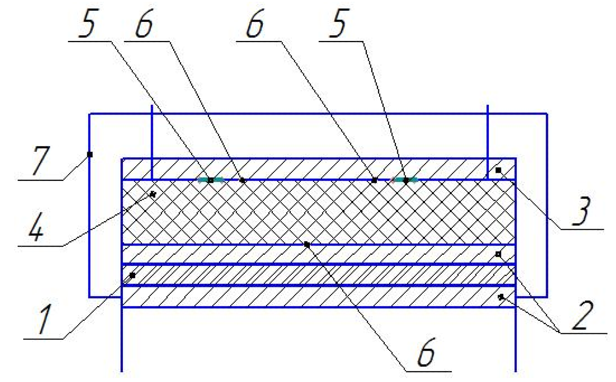 The scheme of the measurement setup: 1—heater, 2—hot plate, 3—cold plate, 4—sample, 5—heat flow sensors, 6—chromel-alumel thermocouples, 7—metal protective casing.