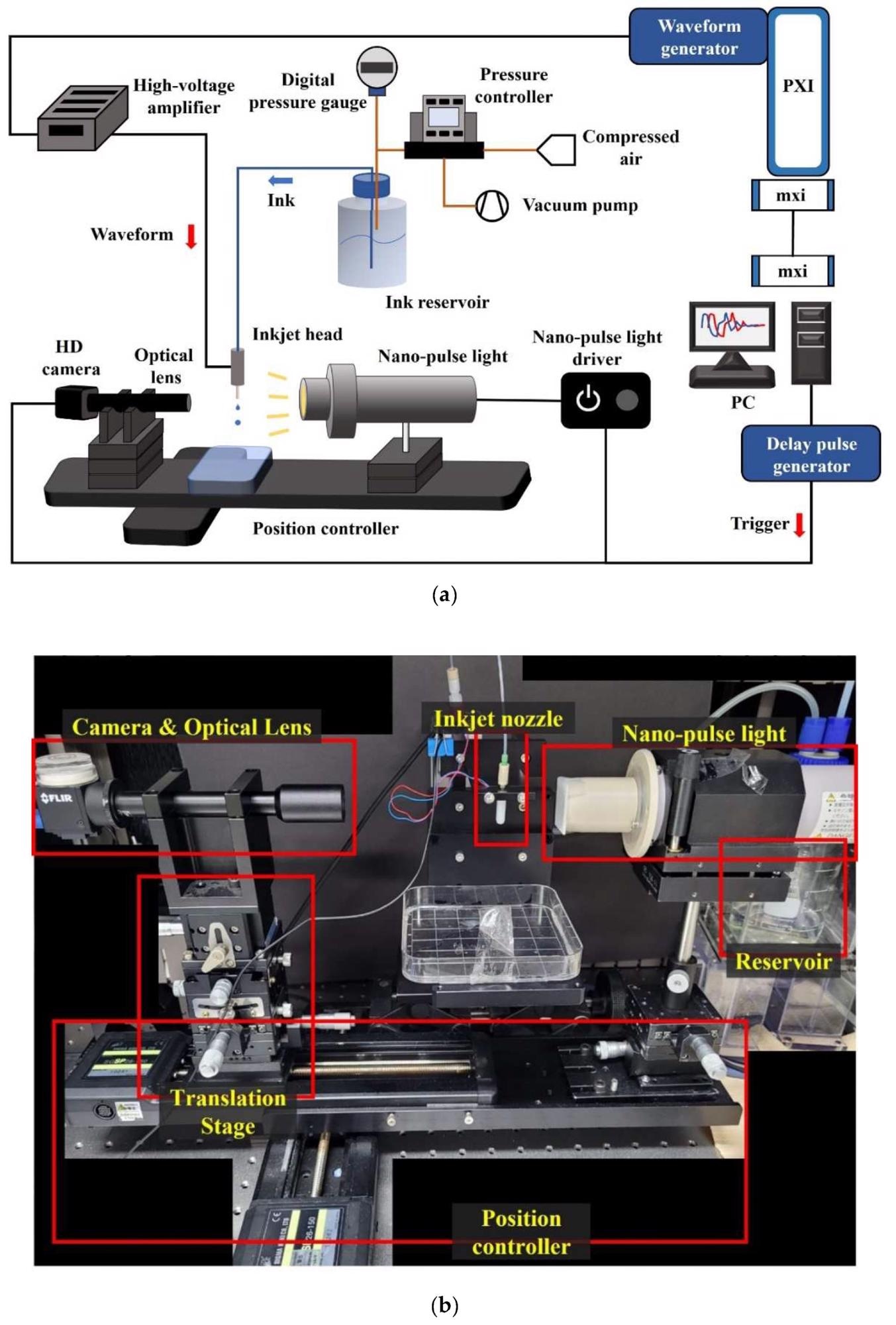 Experimental setup; (a) Schematic of the experimental setup, and (b) Actual image of the drop monitoring system.