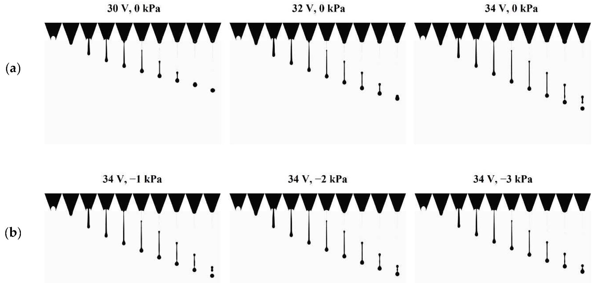 Images of numerical simulation with (a) voltage and (b) pressure at 34 V.
