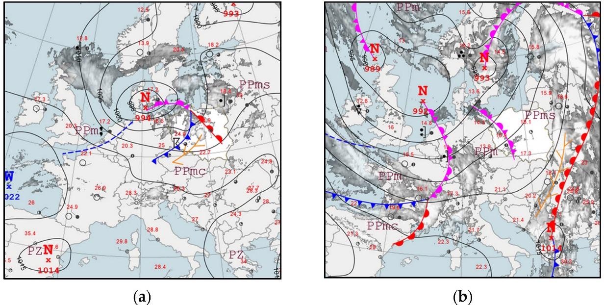 Synoptic maps from IMGW-PIB for the situations of: (a) 26 August 2020; and (b) 6 October 2020 (occluded front).