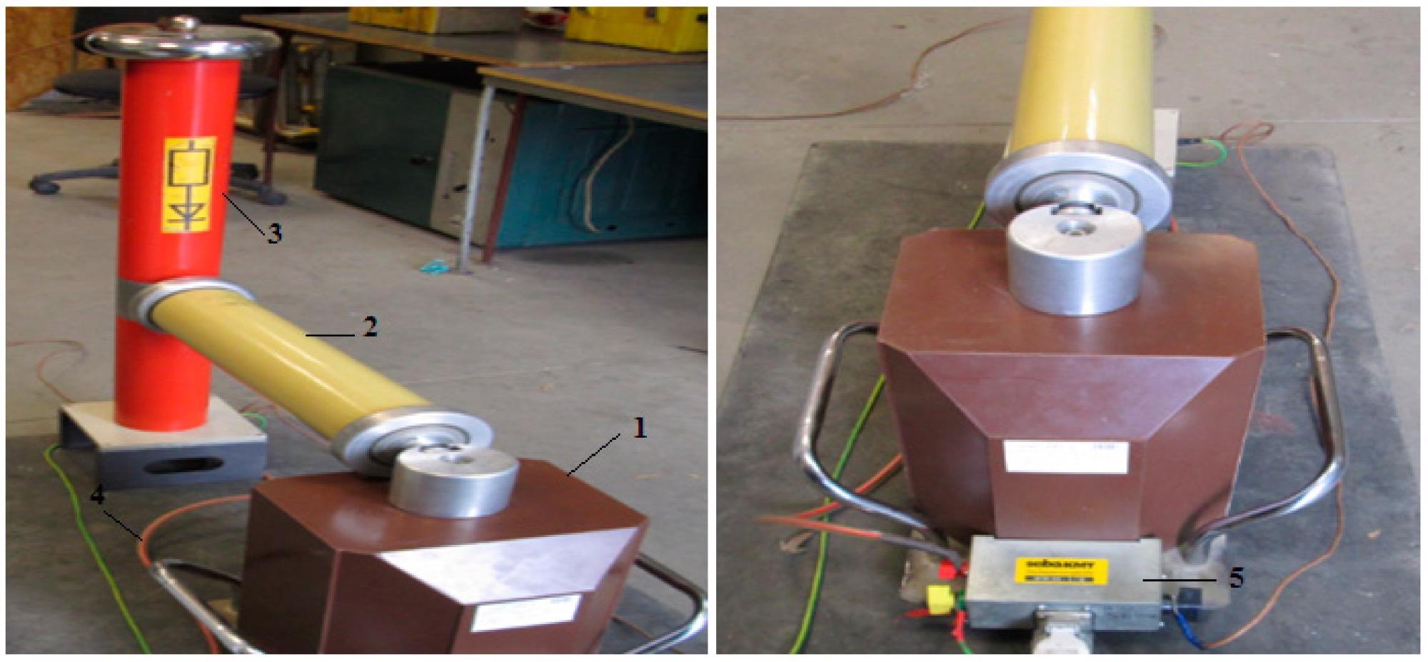 High-voltage test installation type HPG 70 D: (1) IT transformer; (2) Capacitor coupling and multiplication; (3) Multiplier rectifier diodes; (4) Connection cables; (5) Connection box.