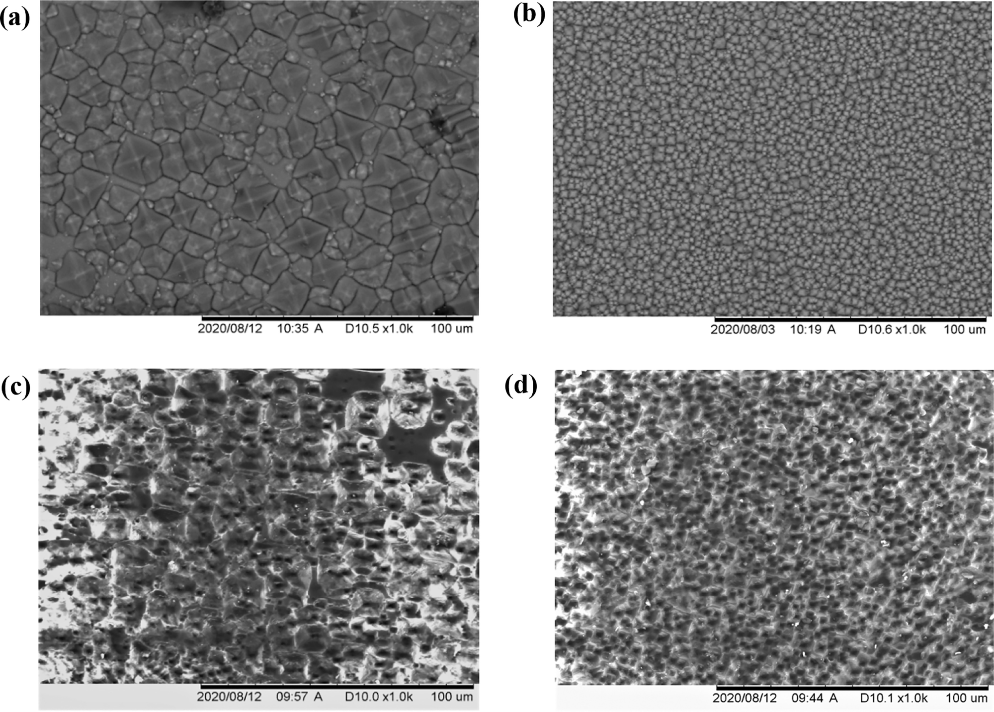 Scanning electron micrographs of (a) micron (T1) and (b) sub-micron (T2) scale silicon molds and the corresponding (c) micron and (d) sub-micron scale inverted pyramid textured PDMS layers produced by these molds.