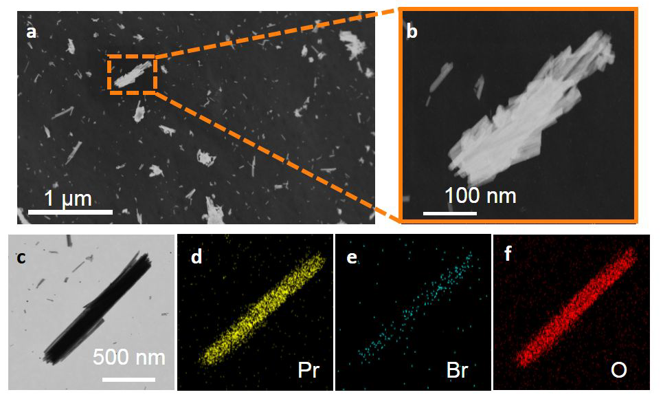 (a-c) SEM images of 2D PrOBr. EDX mapping images of Pr, Br, and O (df) in c.
