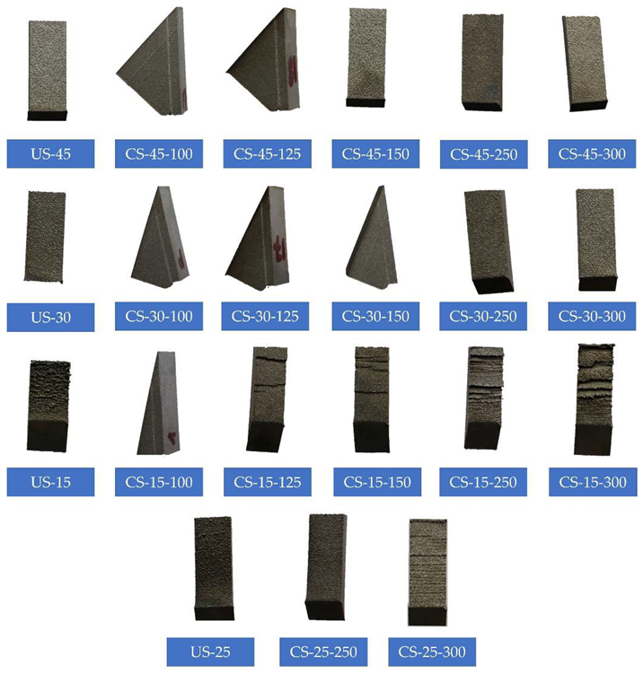 Contact-free supported geometries printed via DMLM (Coupons like pyramids are the ones that fused to support. Remaining ones represent overhang areas of corresponding coupons).