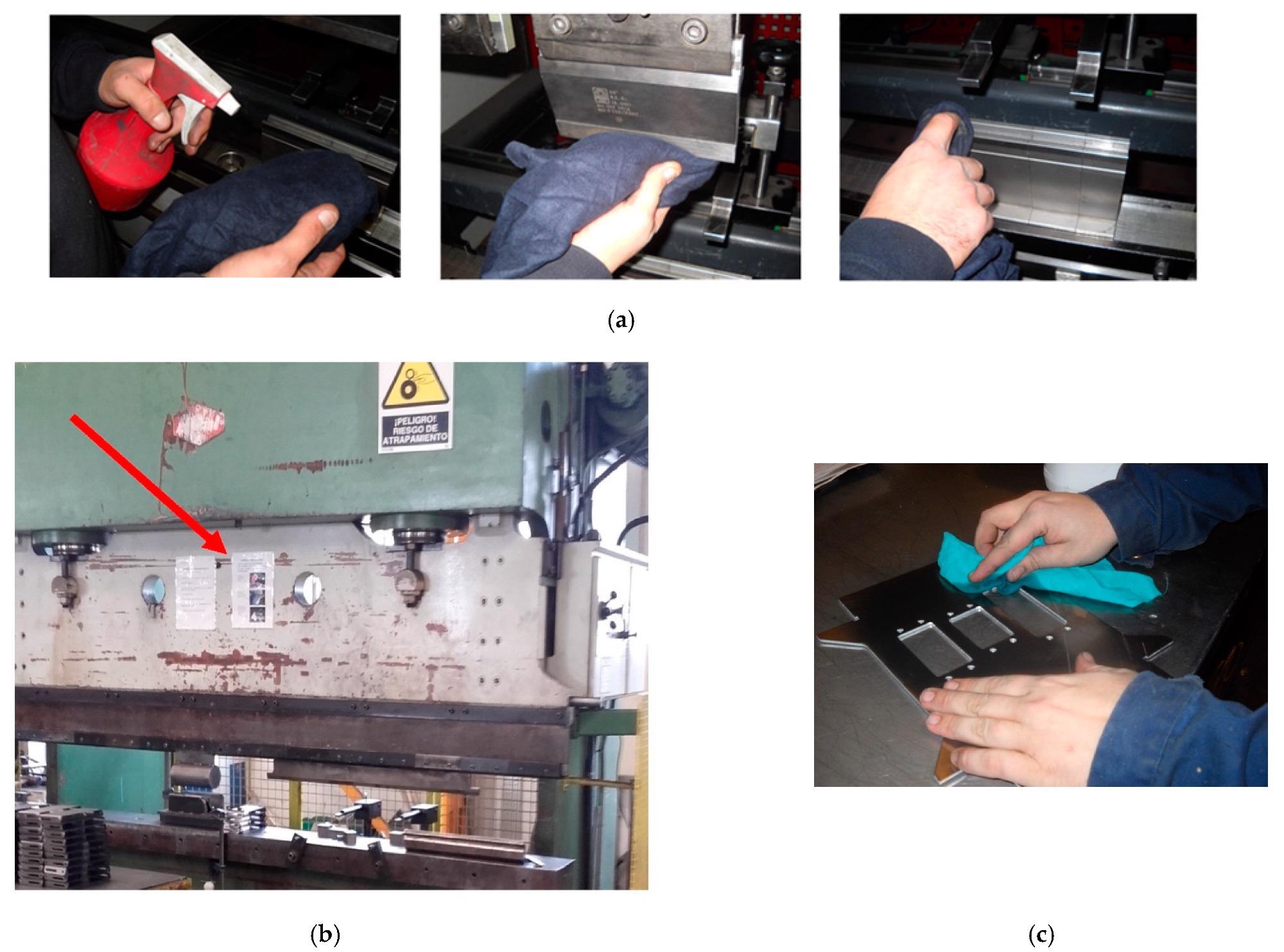 (a) Bending tool cleaning sequence, (b) Instructions for cleaning the bending tools placed on the press brake, (c) Cleaning the workpiece with acetone.