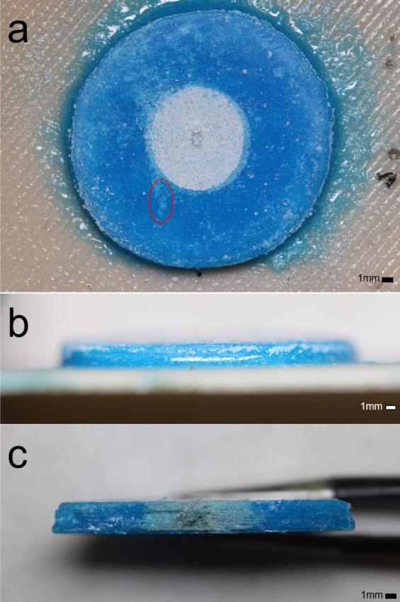 Close up of result. a) Upper view of the powder, resin nested cylinder. b) Profile view of the nested cylinders c) Sliced sample profile view