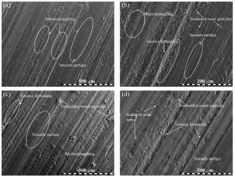 Worn micrographs of biocomposites: (a,b) bare PLA and (c,d) 2.5 wt.% wood waste-filled biocomposites at lower and higher magnification.