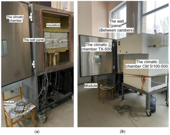 Stand with the additive wall panel. (a) The sample is placed in a climate chamber No. 1.; (b) The sample is placed between two climatic chambers, the start of testing.