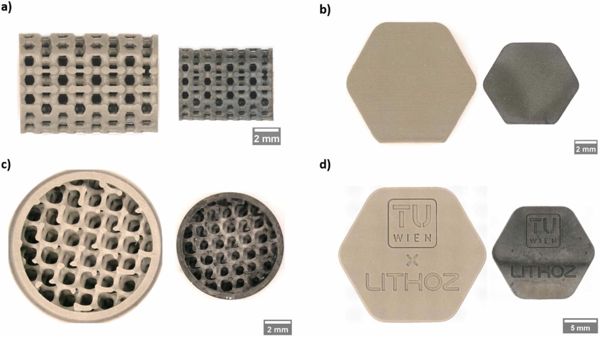 Printed and pyrolyzed PSO/SiC demonstration designs before (left) and after pyrolysis (right); a) wurtzite open lattice; b) hexagonal B3B-test specimen; c) enclosed lattice; d) hexagonal inscribed plate.