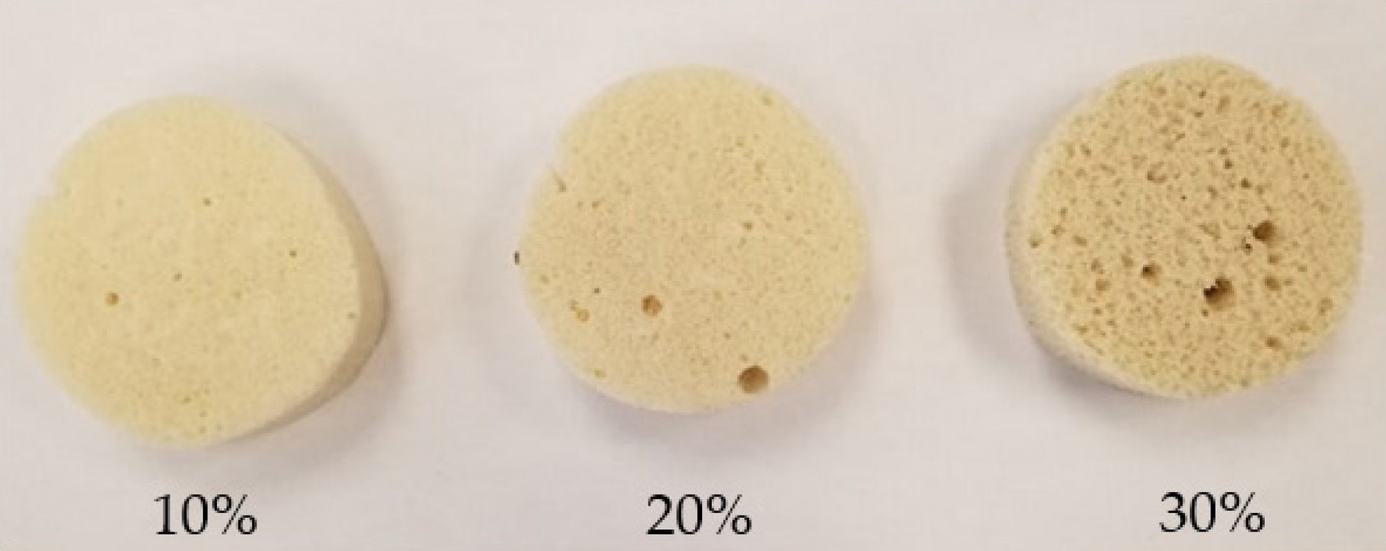 Numerical image of mechanically mixed foams with fine fiber at 10, 20, and 30%.