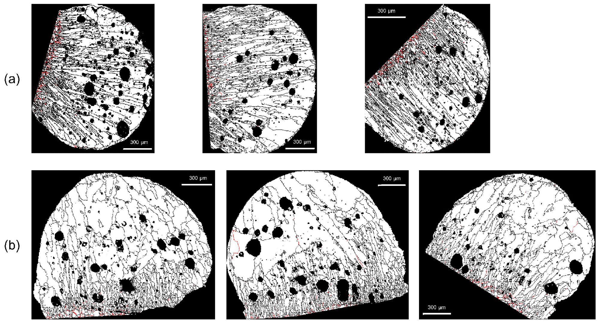Distribution of S3 boundaries (red line) in the molten marks: (a) PAB-25 and (b) PAB-600.