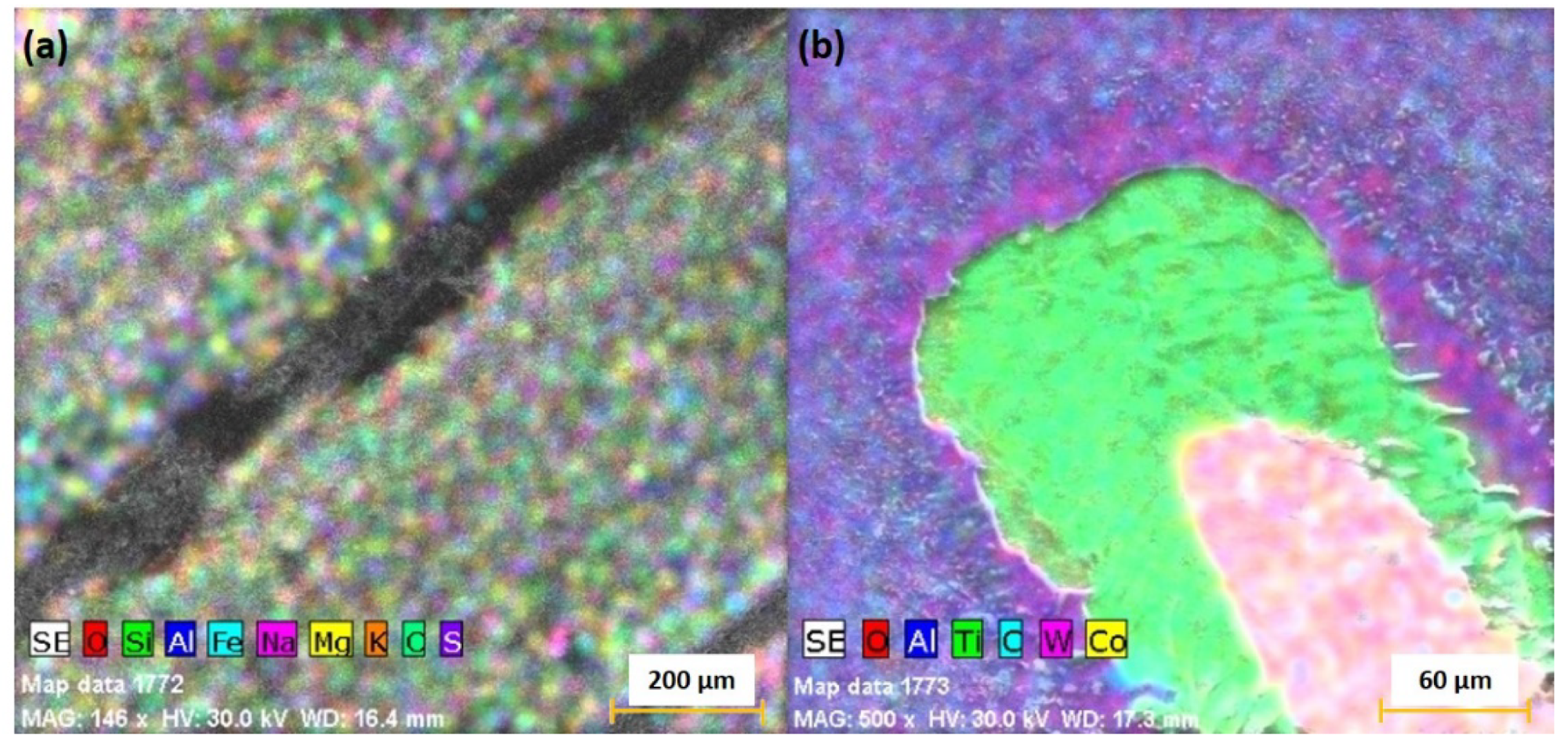EDX mapping of the post-ablation crater of the C1 (a) and C2 (b) targets.