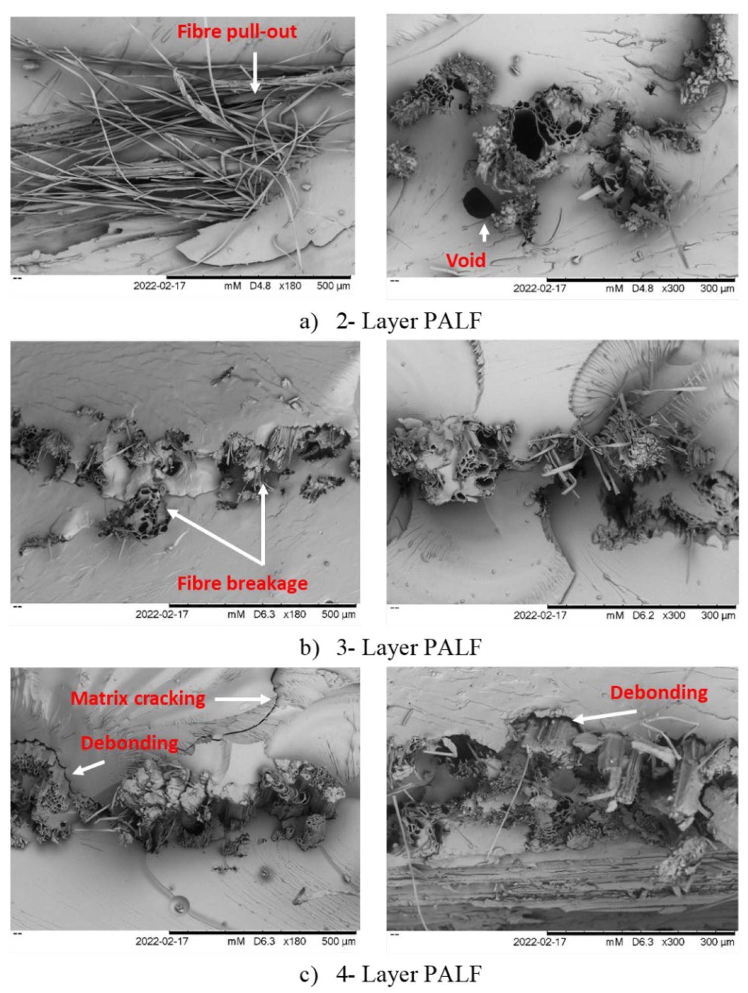 Tensile fracture of woven PALF/epoxy composites; (a) 2-layer, (b) 3-layer, (c) 4-layer.