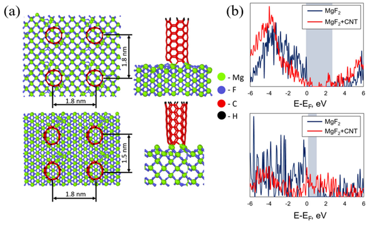 (a) Atomic structure of the considered CNT/MgF2 interfaces. (b) Electronic density of states. Blue and red curves indicate pristine and modified MgF2, respectively.