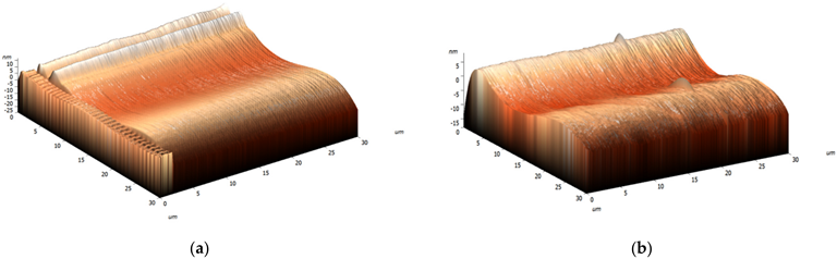 Change in the roughness for the pure MgF2 (a) and for the MgF2 + CNTs (b).