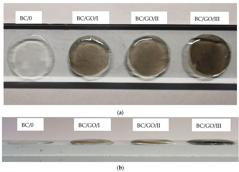 Samples of wet membranes placed on glass, prepared for thickness measurement; (a) top view; (b) side view.