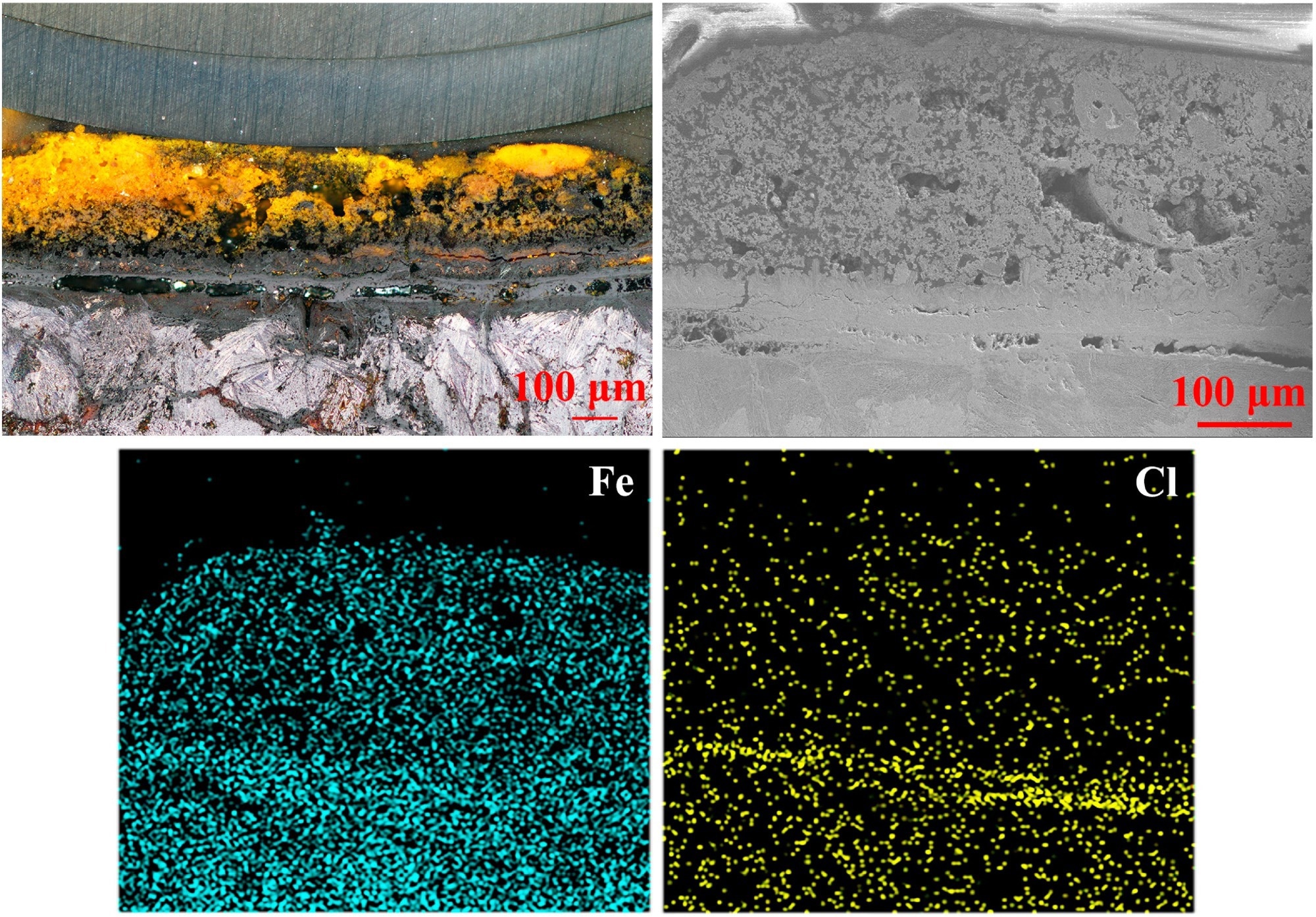 Graphs of the microstructure and element distribution of rust layer B.