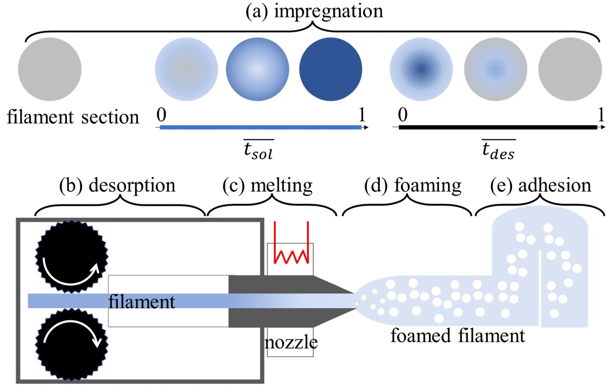 Schematic representation of the 5 steps to print foamed strands: (a) impregnation, (b) desorption, (c) melting, (d) foaming and (e) adhesion among the strands.