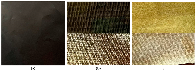 The photo of two sides of the materials (front and back) used for the research: (a) Velostat, (b) Cordura, (c) Goretex membrane.