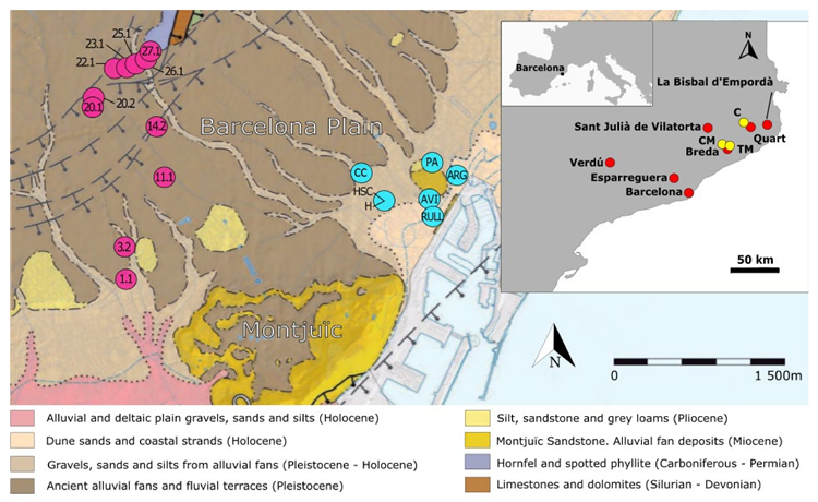 Geological map of the clay sampling sites (pink dots) and archaeological sites (blue dots) mainly around the Sarrià-Sant Gervasi and Ciutat Vella districts, respectively. The geological base map was modified from ICGC. The top right corner shows a geographical map with the location of each characterized production center (red dots) and the location of the three archaeological sites that were studied (yellow dots).