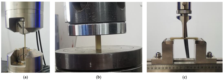 Epoxy resin and epoxy resin mortar material property test. (a) Tensile test; (b) compression test; (c) bending test.