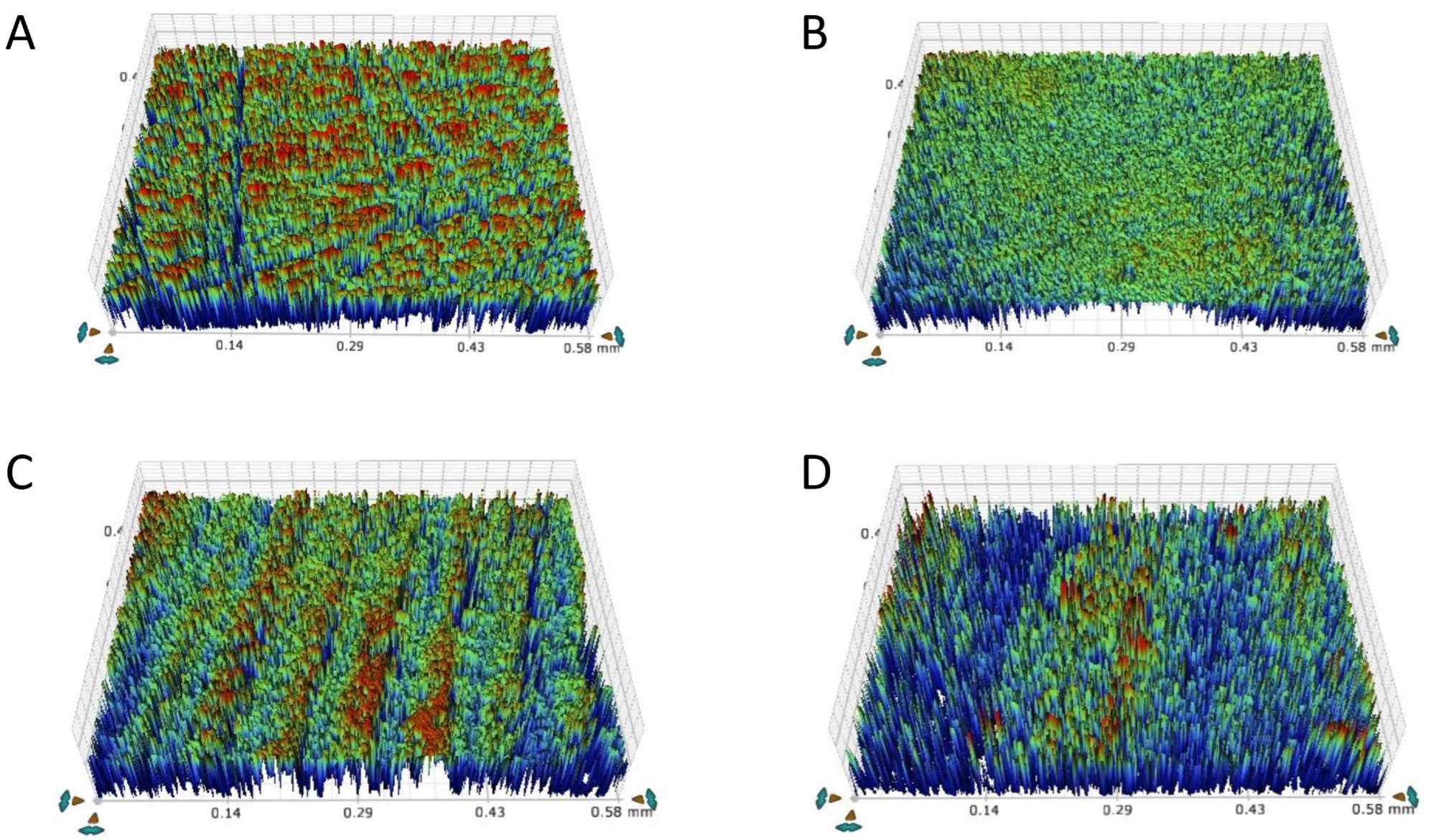 Images of surface roughness of specimens. (A) Milled, (B) horizontal, (C) vertical, and (D) tilted.