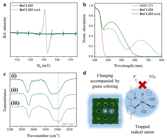Characterization of ReCl-253’s properties after exposure to 450 nm irradiation in organic media with an electron donor. a Solid-state EPR spectra (g = 2.0034). *Mn2+ reference. b Solid-state UV-vis spectra. c ATR-IR spectra of (top to bottom) (i) as-synthesized ReCl-253, (ii) samples charged in MeCN with Ar atmosphere, and (iii) MeCN with BIH instead of TEOA. d Mechanistic rationale of charging, caused by radical anion formation and stabilization.