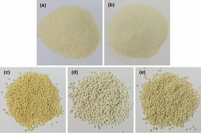 Physical characteristics of (a) chitosan standard, (b) chitosan powder (CP), (c) chitosan beads (CB), (d) chitosan beads mixed ZnO (CZB), and (e) chitosan beads coated ZnO (ZCB).