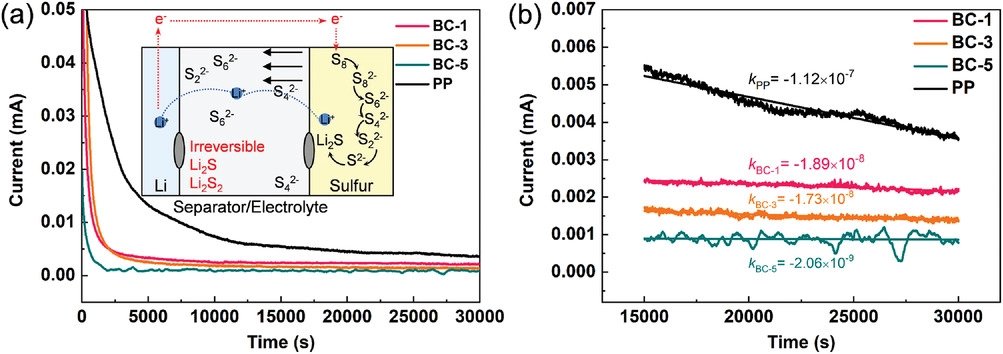 a) Shuttle currents of different separators; b) shuttle current decay rates are calculated after the steady-state current is achieved for a lithium–sulfur cell. The algebraic equations express the decay rate.