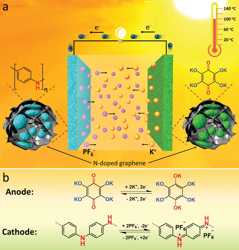 Schematic illustration and redox reactions in the all-organic battery. a) The schematic of the all-organic rechargeable potassium battery; b) Redox reactions in the organic anode and cathode during charge/discharge.