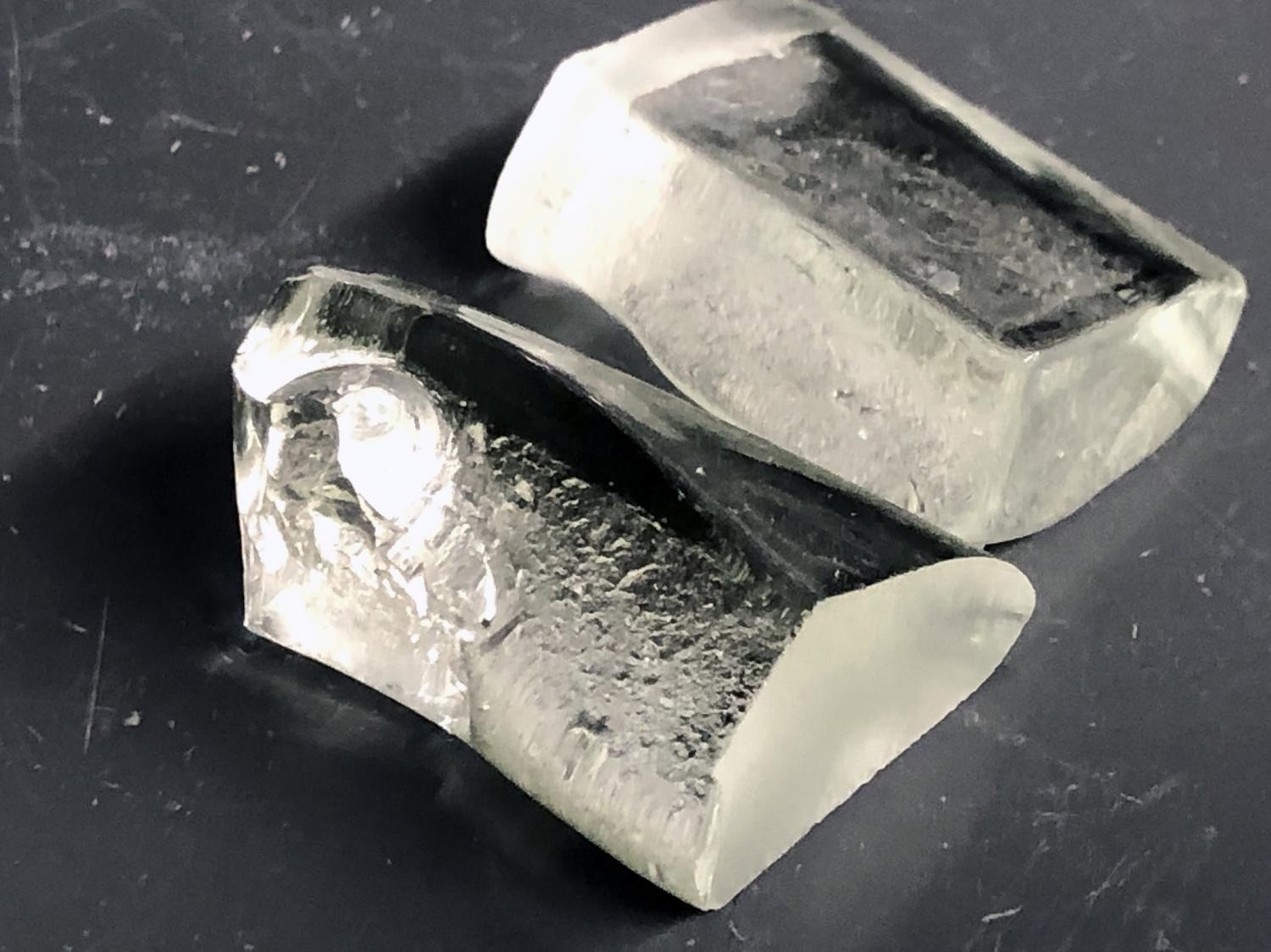 A sample of LionGlass, a new type of glass engineered by researchers at Penn State that requires significantly less energy to produce and is much more damage resistant than standard soda lime silicate glass.