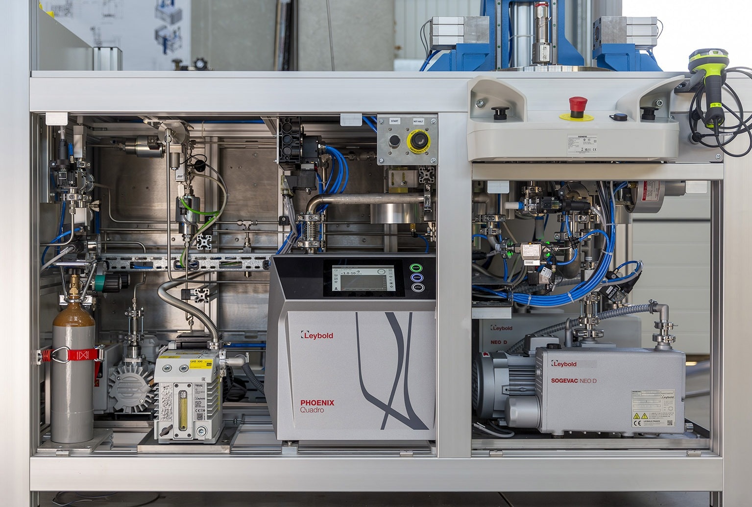 Leak test system for fittings: Implemented in this is a PHOENIX Quadro and a Leybold NEO D rotary vane pump. Image Credit: Leybold