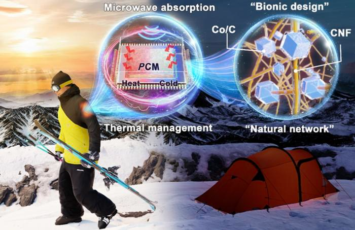 As a result of the bionic design of the neural network-like aerogel-based composite PCMs, both microwave absorption and thermal management are increased, and in colder climates the solar-thermal conversion can be used to heat devices for normal start-up and keep the device closer to an optimal performance temperature.
