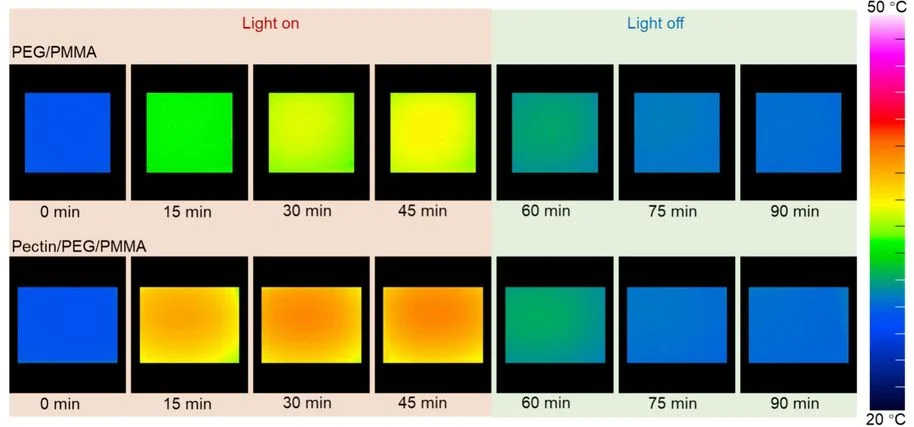The representative infrared thermal images under/turning off irradiation for 2 mm PEG/PMMA composite and Pectin/PEG/PMMA composite (pectin concentration of 4.5wt%