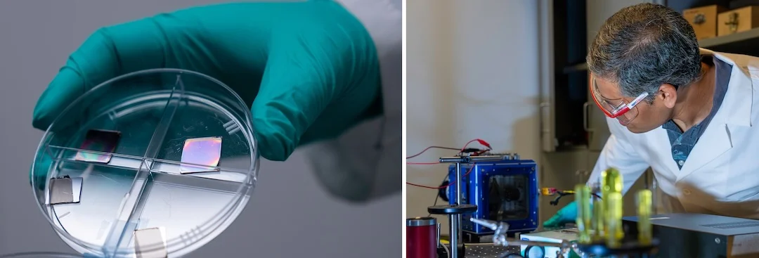 A new thermal emitter (right) developed by Rice University engineers composed of a tungsten metal sheet, a thin layer of a spacer material and a network of silicon nanocylinders promises efficiencies of over 60 %