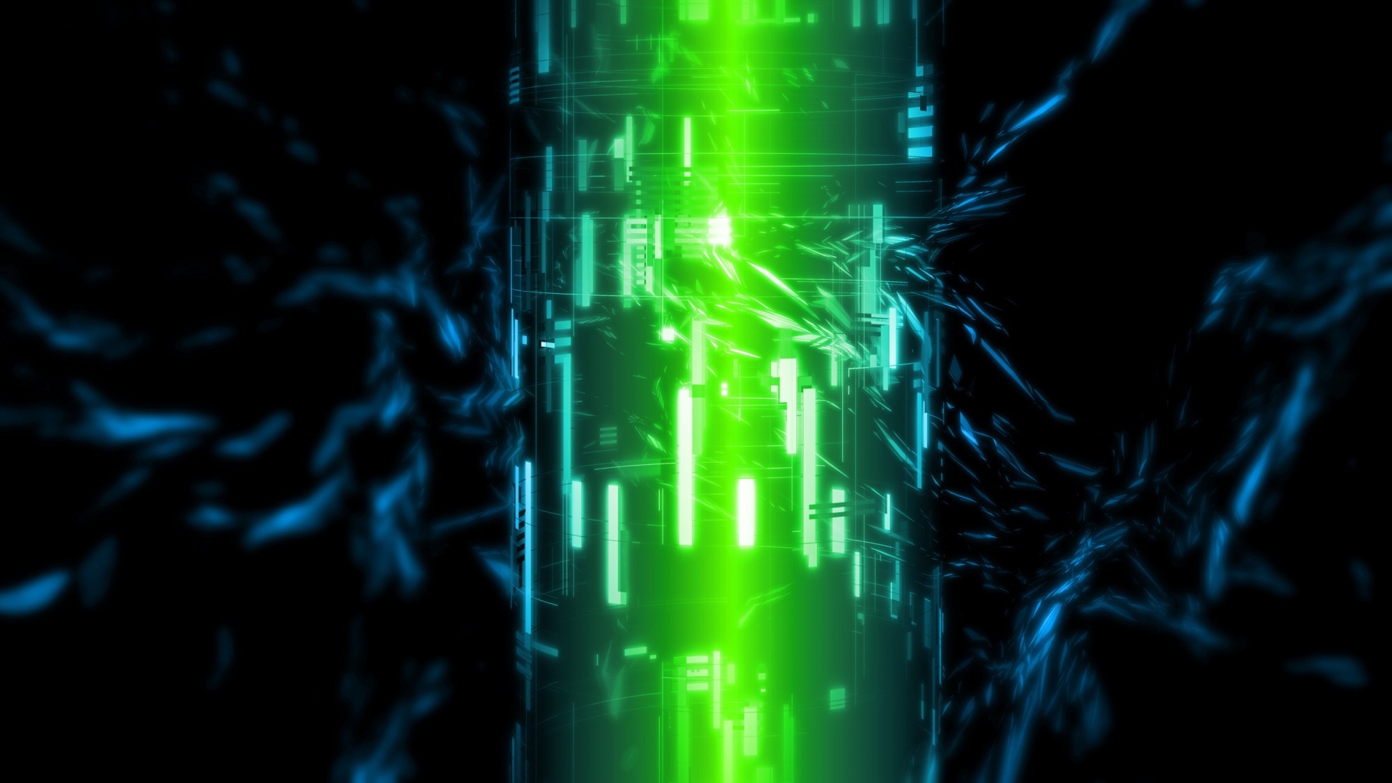3D Rendering of solid state long lasting battery energy concept. Green glowing lights with high tech tube on abstract background