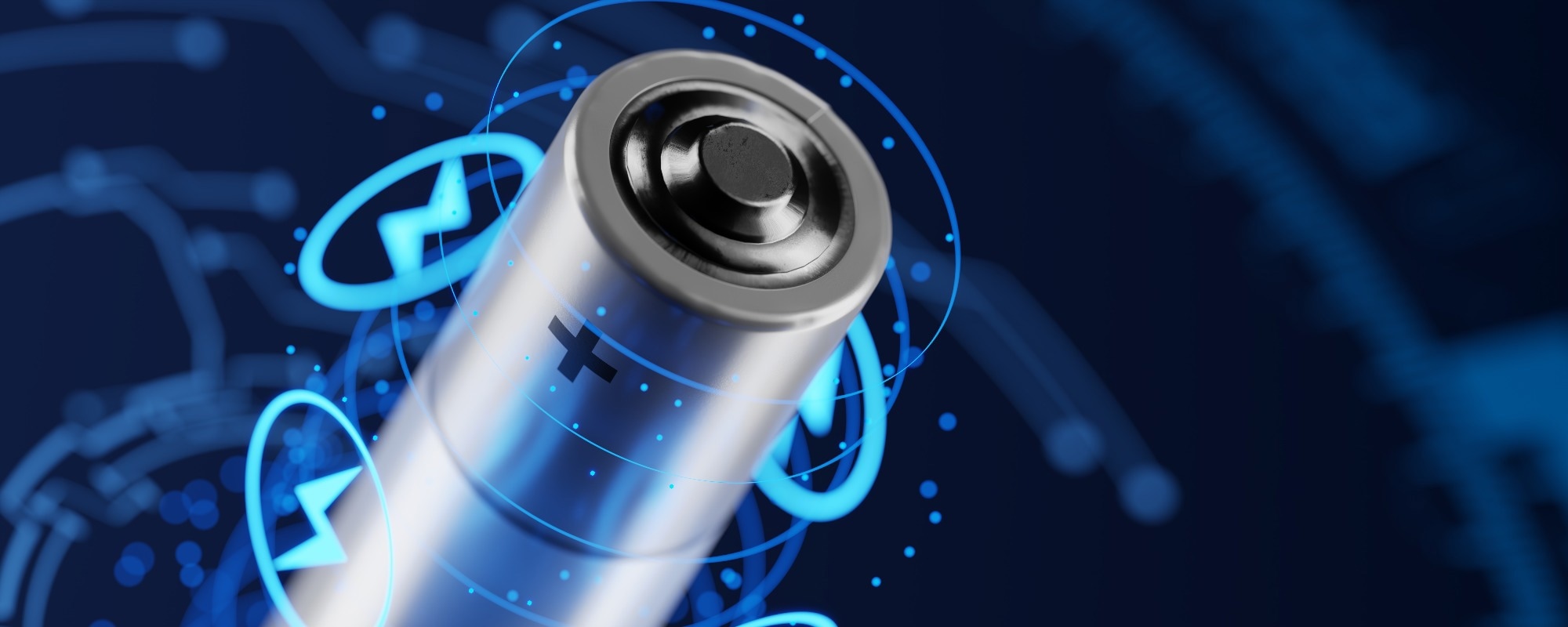 Futuristic close-up of a battery with glowing blue digital energy icons and a dark technology