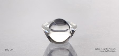 The image shows a TIR (Total Internal Reflection) lens printed using Nanoscribe’s new IPX-Clear photoresin.