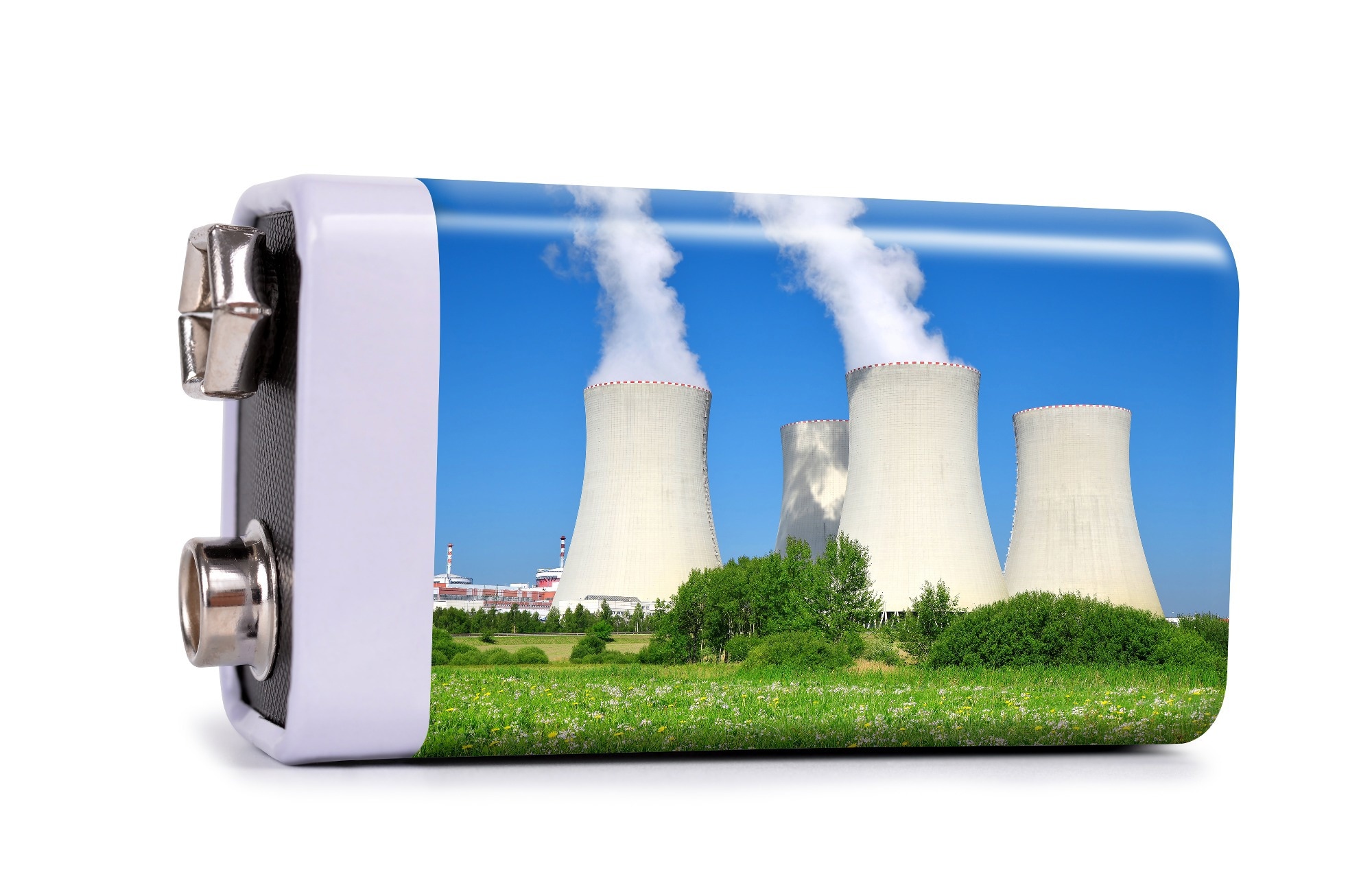 Battery with nuclear power plant isolated on white background.